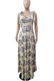 Personality Printing V Neck Sleeveless Knotted Strap Casual Wide Leg Jumpsuits DY6660