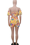 Navel Exposure Off Shoulder Trendy Personality Bandeau Bra Printing Shorts Sets DY6976