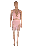 Sexy Pure Color  Hole  Bandage Halter  Shorts Sets SML8241