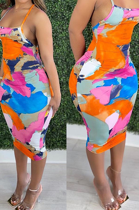 Euramerican Sping Summer Print Sling Tight Dress H1638
