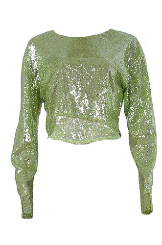 Round Neck Sequins Horn Sleeve Pure Color Tops Q355