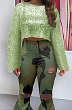 Round Neck Sequins Horn Sleeve Pure Color Tops Q355