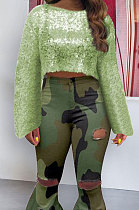 Round Neck Sequins Horn Sleeve Pure Color Tops Q355