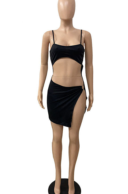 Condole Belt Sexy Open Fork Pure Color Navel Exposure Mini Dress DY6974