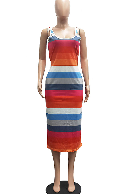 Fashion Contrast Color Stripe Print Package Buttocks Sext Dress H1655
