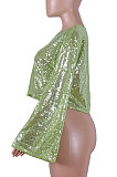 Round Neck Sequins Horn Sleeve Pure Color Tops Q355
