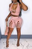 Sexy Pure Color  Hole  Bandage Halter  Shorts Sets SML8241