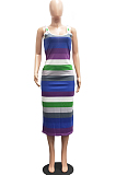 Fashion Contrast Color Stripe Print Package Buttocks Sext Dress H1655