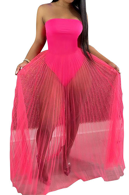 Chest Wrap Jumpsuit Sexy Net Yarn Perspective Long Dress Q854