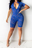 Women Burnt Flower Hole Short Sleeve Sexy Romper Shorts  Q833