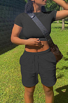 Casual Have Pocket Pure Color T-Shirt Shorts Sports Sets ALS251