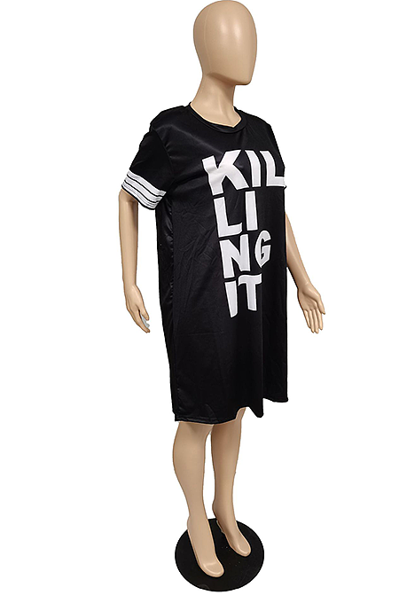 Black Plus Size Round Neck Letter Print Loose Dress TC067