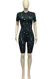 Women Burnt Flower Hole Short Sleeve Sexy Romper Shorts  Q833