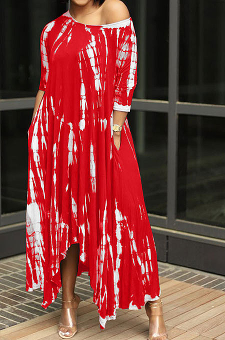 Open Fork Skirt's Hemline Loose Tie Dye Pocket Long Dress RMH8923