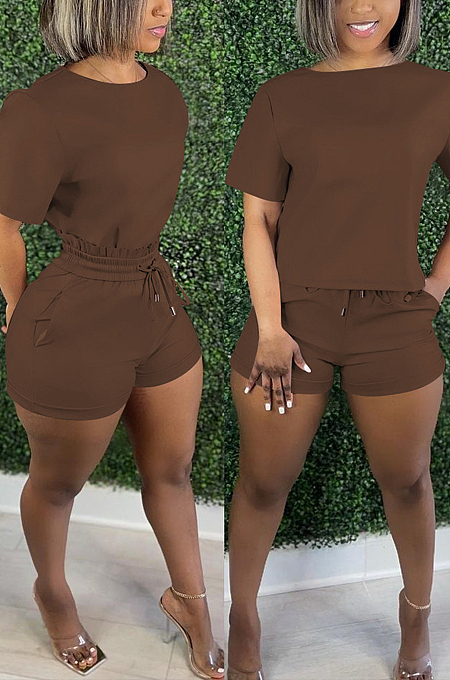 Summer Casual PU Short Sleeve Shorts Two-Piece QY5056