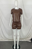 Summer Casual PU Short Sleeve Shorts Two-Piece QY5056