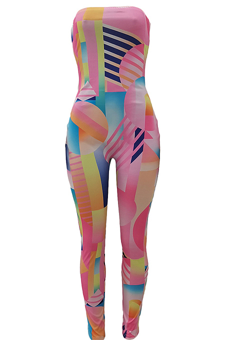 Fashion Casual Geometric Graphic Spliced Boob Tube Top Backless Jumpsuits ALS249 
