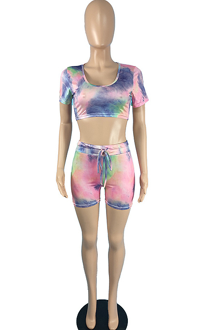 Summer Fashion Tie Dye Print Round Neck Short Sleeve Shorts Sets JG047