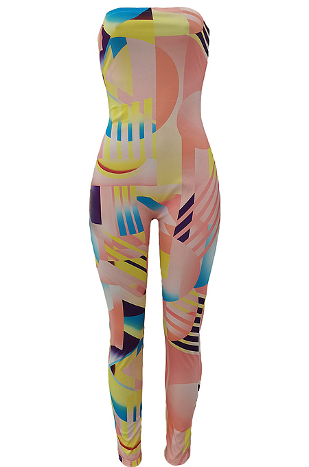 Fashion Casual Geometric Graphic Spliced Boob Tube Top Backless Jumpsuits ALS249 