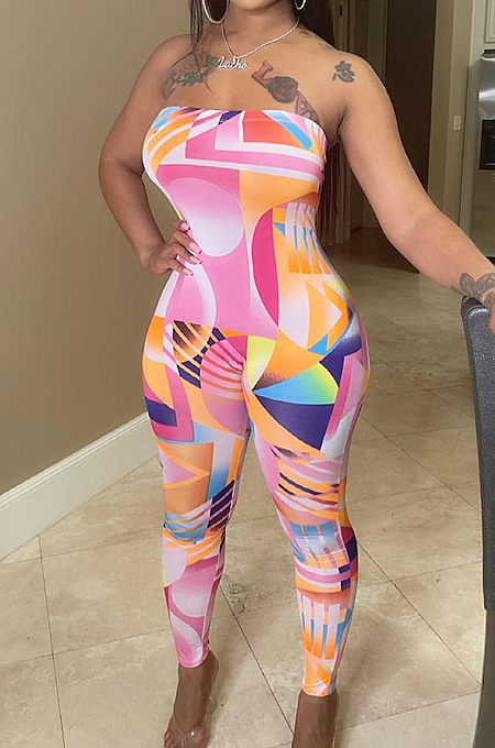 Fashion Casual Geometric Graphic Spliced Boob Tube Top Backless Jumpsuits ALS249 