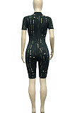 Women Burnt Flower Hole Short Sleeve Sexy Romper Shorts  Q833