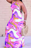Fashion Sexy Tie Dye Print Hang A Neck Long Dress KK8261