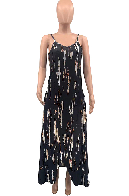 Fashion Have Pocket Open Fork Tie Dye Sling Dress QSS2707