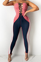 Chest Wrap Sexy Bind Contrast Color Hollow Out Bodycon Jumpsuits Q815