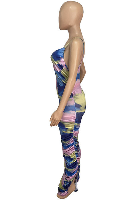Condole Belt V Neck Tie Dye Printing Open Fork Long Dress Q867