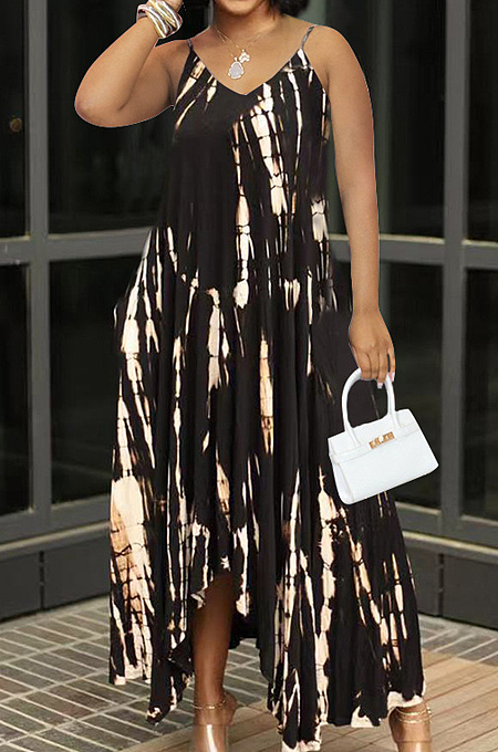 Fashion Have Pocket Open Fork Tie Dye Sling Dress QSS2707