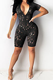 Women Burnt Flower Hole Short Sleeve Sexy Romper Shorts  Q833