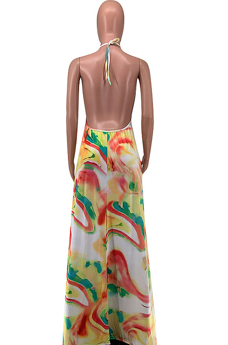 Fashion Sexy Tie Dye Print Hang A Neck Long Dress KK8261