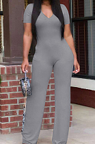Euramerican Women Pure Color V Neck Short Sleeve Shift Jumpsuits KK8260