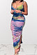 Condole Belt V Neck Tie Dye Printing Open Fork Long Dress Q867