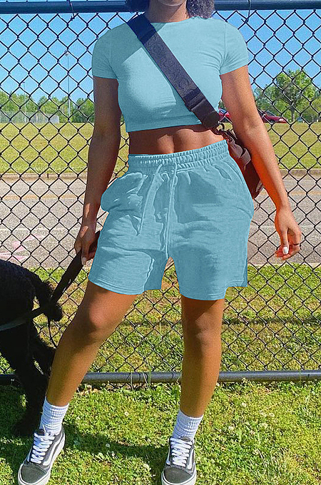 Casual Have Pocket Pure Color T-Shirt Shorts Sports Sets ALS251