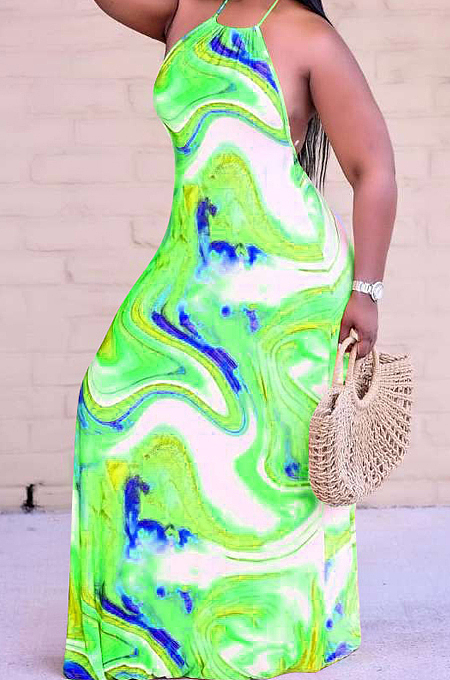 Fashion Sexy Tie Dye Print Hang A Neck Long Dress KK8261