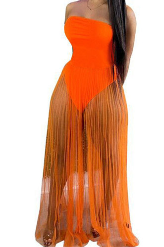 Chest Wrap Jumpsuit Sexy Net Yarn Perspective Long Dress Q854