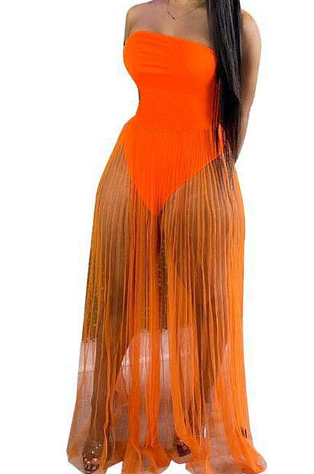 Chest Wrap Jumpsuit Sexy Net Yarn Perspective Long Dress Q854