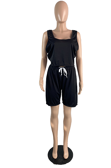 Plus Size Black Casual Sleeveless Vest Short Sets TC075