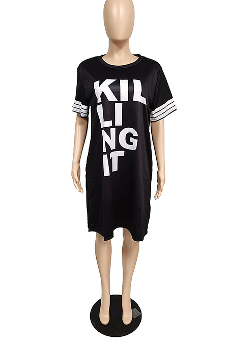 Black Plus Size Round Neck Letter Print Loose Dress TC067