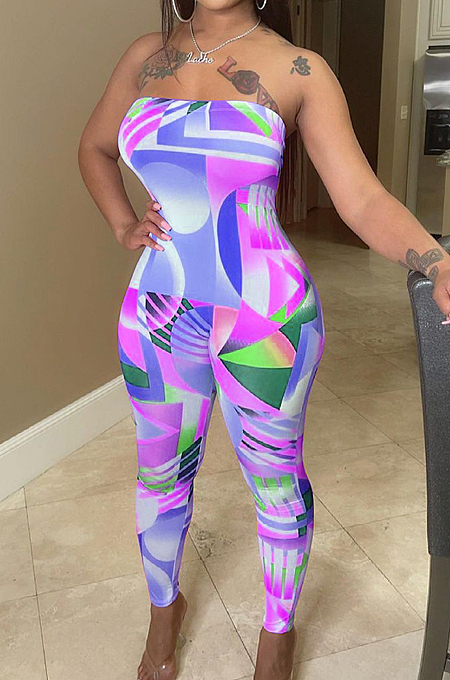 Fashion Casual Geometric Graphic Spliced Boob Tube Top Backless Jumpsuits ALS249 