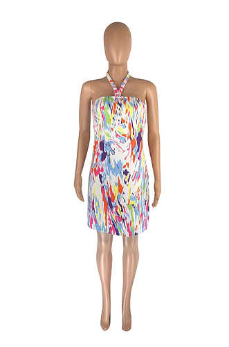 Fashionable Sexy Print Halter Neck Strapless Dress  SML8243