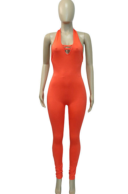 Halter Neck Sexy Cross Deep V Neck Carry Buttock Sport Jumpsuit Q847