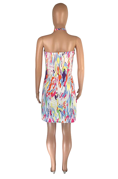 Fashionable Sexy Print Halter Neck Strapless Dress  SML8243