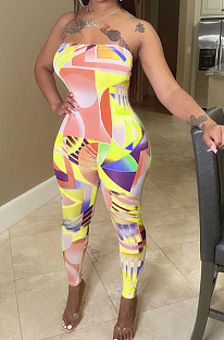 Fashion Casual Geometric Graphic Spliced Boob Tube Top Backless Jumpsuits ALS249 