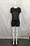 Summer Casual PU Short Sleeve Shorts Two-Piece QY5056