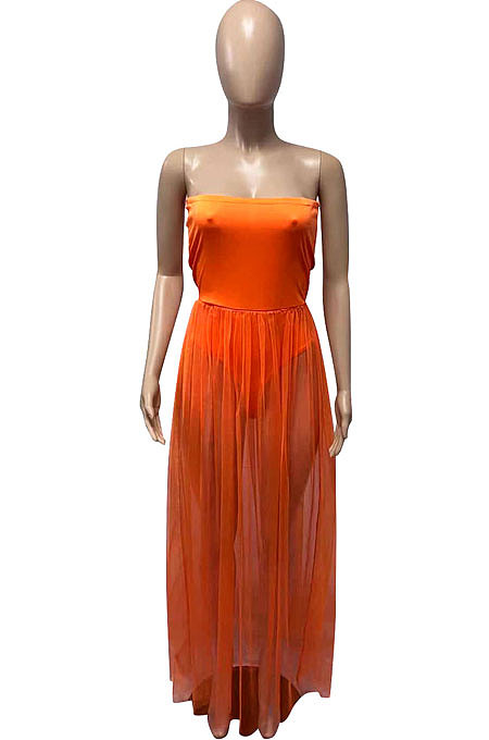 Chest Wrap Jumpsuit Sexy Net Yarn Perspective Long Dress Q854