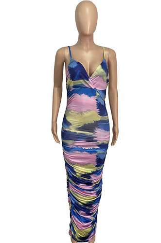 Condole Belt V Neck Tie Dye Printing Open Fork Long Dress Q867