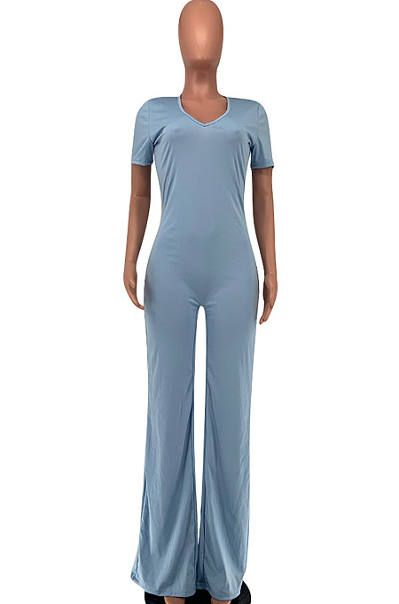 Euramerican Women Pure Color V Neck Short Sleeve Shift Jumpsuits KK8260