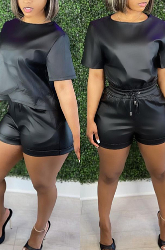 Summer Casual PU Short Sleeve Shorts Two-Piece QY5056